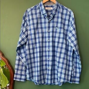 Tommy Bahama Men's L Blue Plaid Casual Button Down Shirt w/Contrast Cuffs
